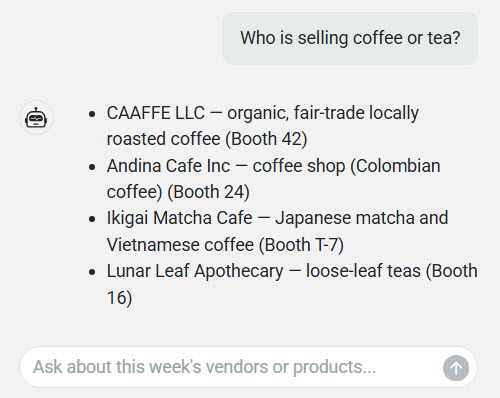 Screenshot of chatbot question and answer about who is selling coffee or tea
